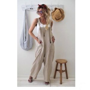 Linen khaki wide leg overalls